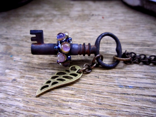 SW Studios Glass Lamwork Bead Skeleton Key Necklace