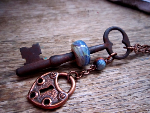 SW Studios Glass Lamwork Bead Skeleton Key Necklace SW Studios Glass Lamwork Bead Skeleton Key Necklace